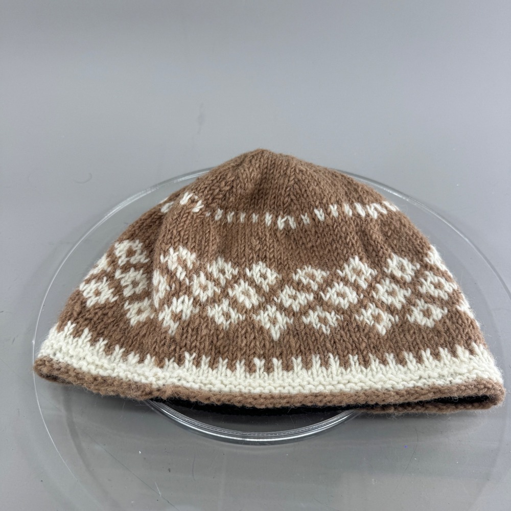 Feelgoodz Unisex Wool Beanie Hat Fair Isle Fleece Lined Nepal Brown White OS